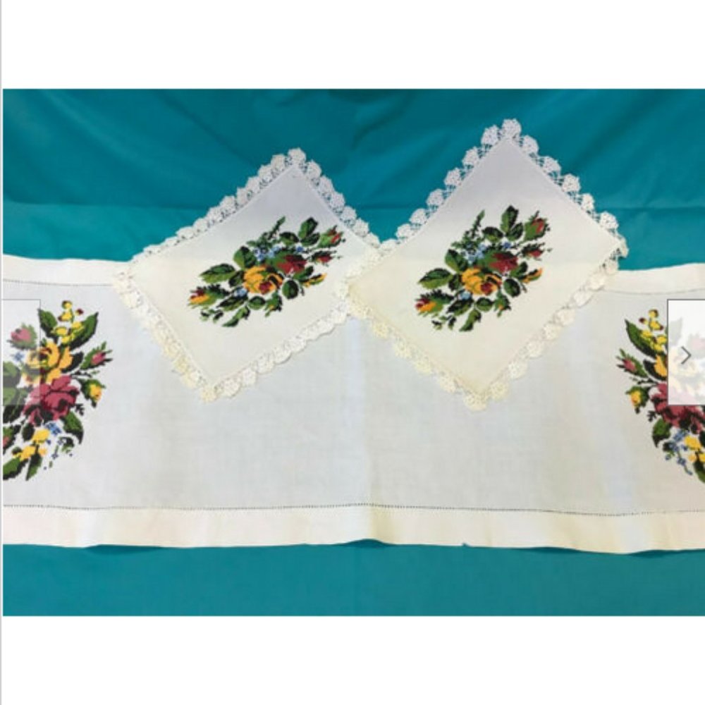 Hand Embroidered Table Runner Set Side Table Mats Vintage Vanity Dresser Decor